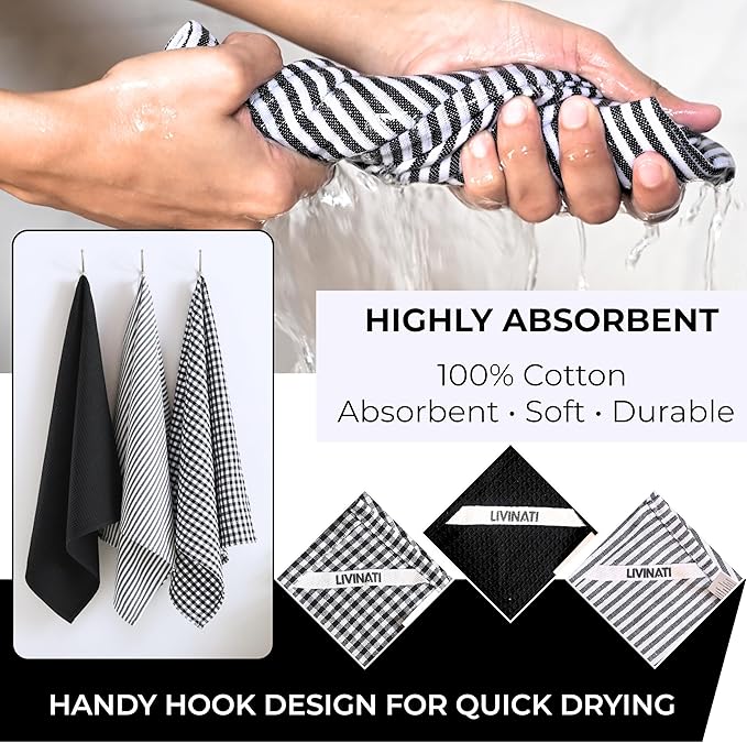 Cotton Dish Towels For Kitchen Drying - Highly Absorbent Black Striped Gingham Plaid Tea Towels - 18"X28" Set Of 6 Farmhouse Linen Dishtowels In Bulk - Pano De Prato Para Cozinha - T Towles Towls