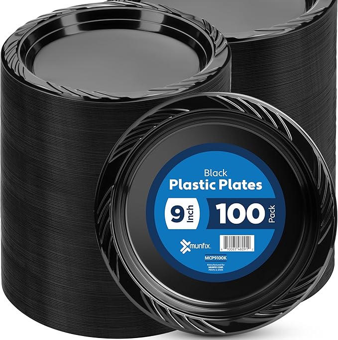 Munfix 100 Pack Black Plastic Dinner Plates, 9 Inch Disposable Plates Bulk Pack, Party Plates for BBQ, Picnic, Parties, Travel and Events, Microwavable Recyclable