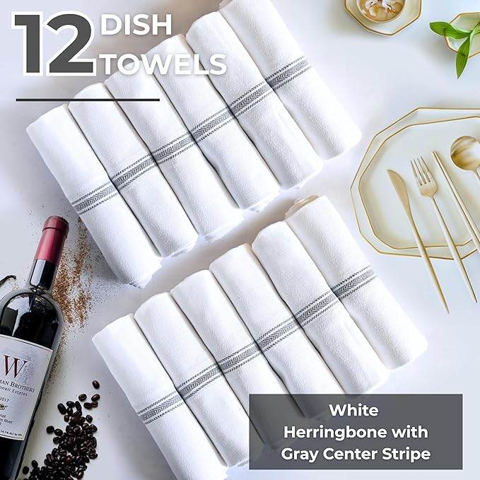 Bulk Kitchen Towels Cotton for Chefs in Commercial Restaurants - 15"X25" - 12 Pack - White Linen Tea Dish Towels - Lint Free Soft Absorbent Center Gray Striped Herringbone Weave Towles