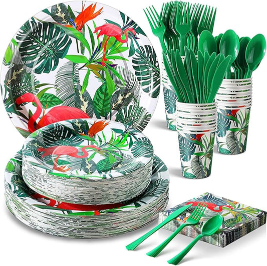 FillTouch 350 Pcs Flamingo Party Supplies Serve 50 Guests Hawaiian Luau Flamingo Birthday Decorations Include Plates Napkins Cups Knives Forks Spoons Disposable Dinnerware Set for Summer Birthday