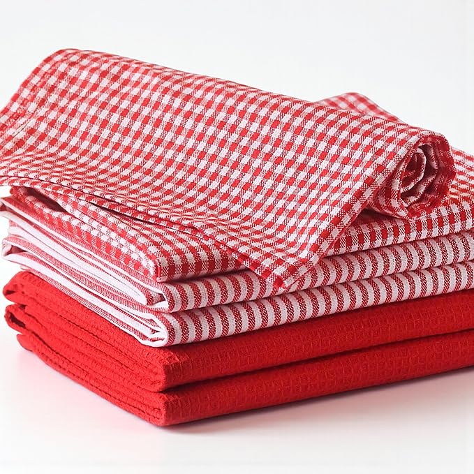 Cotton Dish Towels For Kitchen Drying - Highly Absorbent Red Striped Gingham Plaid Tea Towels - 18"X28" Set Of 6 Farmhouse Linen Dishtowels In Bulk - Pano De Prato Para Cozinha - T Towles Towls