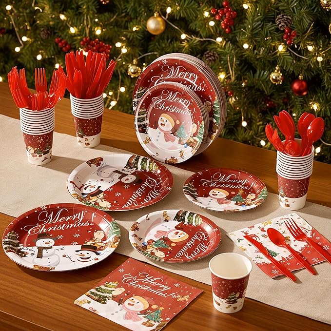 Fijinhom Christmas Paper Plates Set, 350 PCS Santa Gifts and Snowman Party Supplies, Disposable Dinnerware Set for 50 Guests, Paper Plates Napkins Cups for Christmas Eve