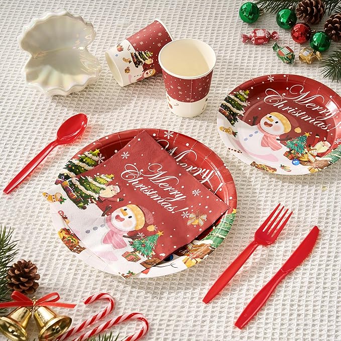 Fijinhom Christmas Paper Plates Set, 350 PCS Santa Gifts and Snowman Party Supplies, Disposable Dinnerware Set for 50 Guests, Paper Plates Napkins Cups for Christmas Eve