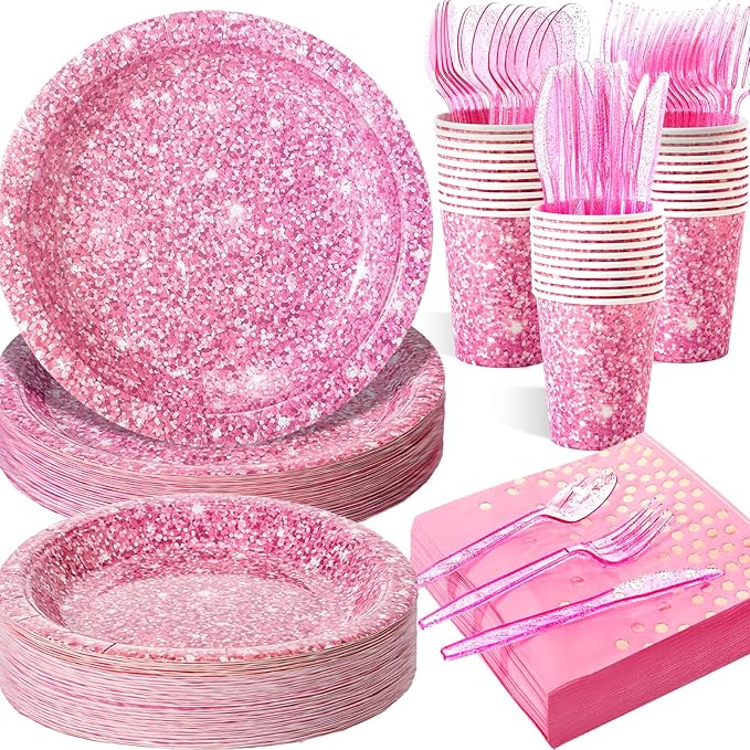Hushee 175 Pcs Pink Holographic Print Party Supplies Guests Disposable Dinnerware Set Include Paper Plates, Napkins, Cups, Plastic Cutlery for Wedding Birthday Disco Bachelorette