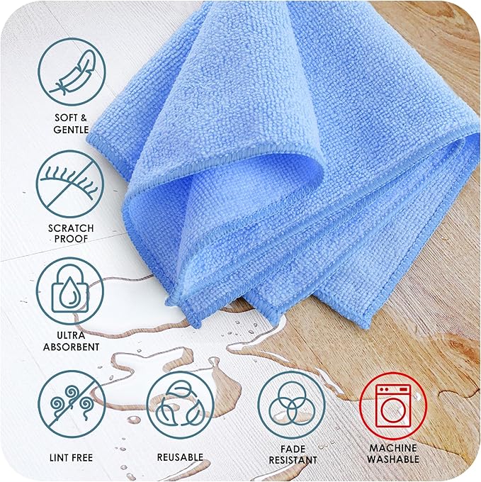 Hearth & Harbor Microfiber Cleaning Cloth, Microfiber Towels for Cars 12 Pack Washcloths, Blue Cleaning Rags, Reusable Microfiber Towel, Microfiber Cloth Rags, 12''x12'', (V-HH-Cloth-M-12-Blu)