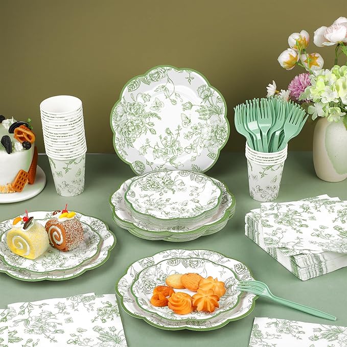 Kochorie 144 Pieces Sage Green Floral Paper Plates and Napkins Party Supplies Sage Green and White Flower Tableware Set Include Vintage Scalloped Plate Napkin Cups Forks for Wedding Birthday Tea Party
