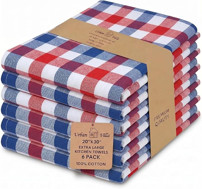 Urban Villa July 4th KitchenTowels Red/Blue/White DishTowels 100% Cotton (Set of 6) 20X30 Inches Buffalo Checks Highly Absorbent Soft Durable Reusable & Washable Kitchen Towels