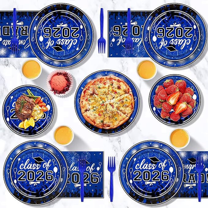 100 Pcs Graduation Plates and Napkins, 2026 Blue Graduation Disposable Plates and Napkins Party Supplies Set Serves 25, Blue Disposable Dinnerware Set for 2026 Decorations Grad Party