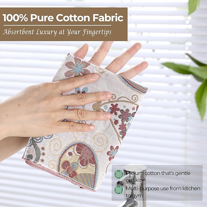 Kitchen Dish Towels for Drying 100% Cotton,Ultra Absorbent Quick Drying Thick Reusable Cleaning Decorative Tea Towels with Hanging Loop,Reversible Boho Pretty Hand Towels,4 Pack,Gift for Mom