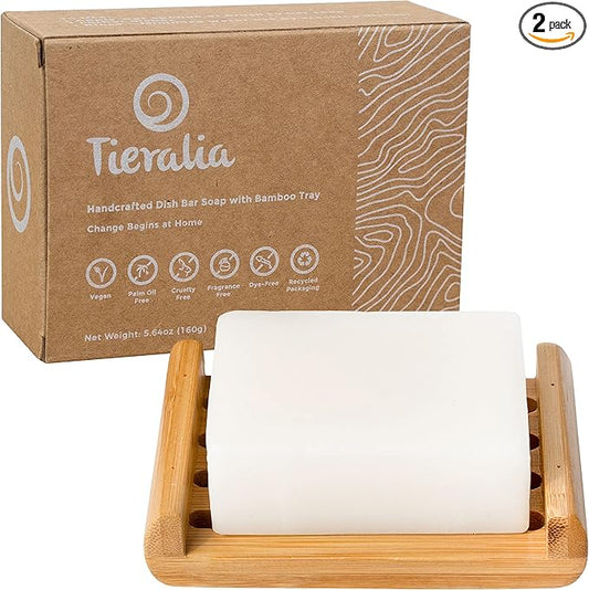 Dish Soap Bar with Bamboo Soap Dish Tray – Solid Dish Soap Block, Eco Friendly Non Toxic Plant Based Dishwashing Soap, Fragrance Free, Zero Waste, Biodegradable Kitchen Soap (5.64 oz)