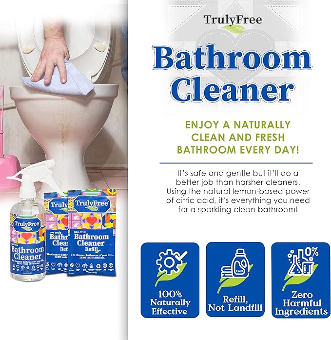 Truly Free All Natural Non-Toxic Bathroom Cleaner Spray Kit, Organic Bath & Tile Cleaning Solution for Toilet, Sink, Tub & Shower, 16 oz Reusable Empty Bottle + Two Fills, 3 oz ea.