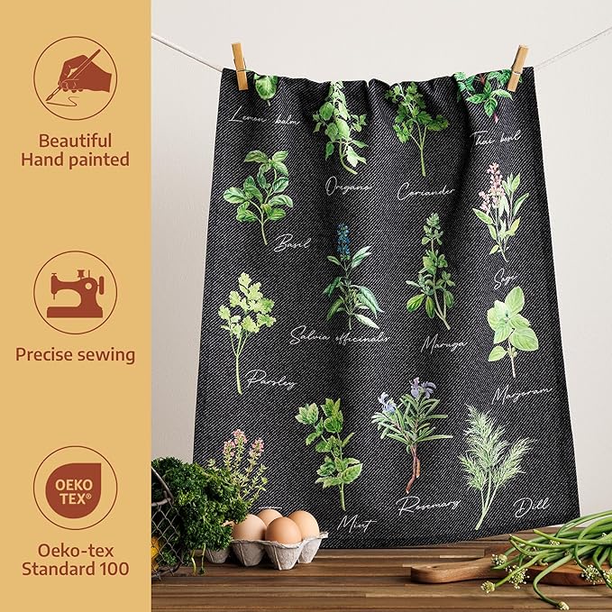 Maison d'Hermine Kitchen Towels Set of 2 100% Cotton 27.50" x 20" Reusable Cloth Tea Dish Towels Absorbent with Hanging Loop for Kitchen, Home, Dining, Cocktail Parties (Fresh Herbs)