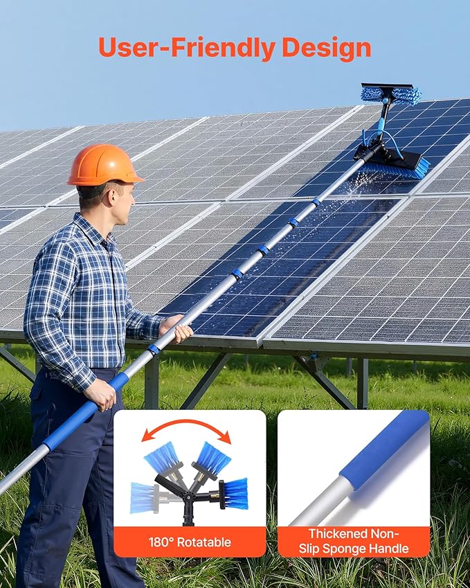VEVOR Solar Panel Cleaning Kit, 39 ft, Water Fed Pole Kit with Cleaning Brush, Soap Dispenser, Extendable Aluminum Telescopic Pole, 180° Rotatable Brush Head, for Roof Mounted Solar Panels, Windows