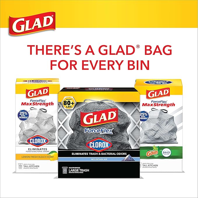 Glad ForceFlex Heavy Duty Large Trash Bags, Hold 80+ lb, 30 Gal, 25 Count, (Pack of 2), (Package May Vary)