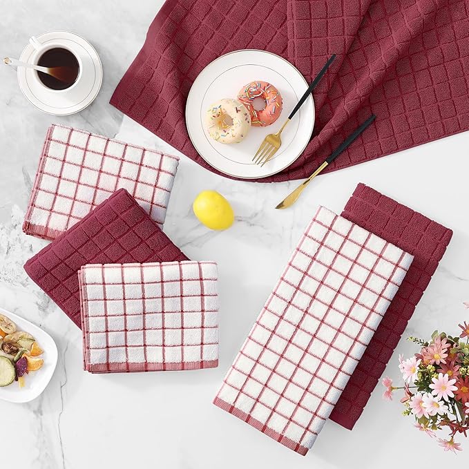Homaxy Premium Cotton Kitchen Towels 16"x 28", Large Natural Ring Spun 390 GSM Dish Towels, Super Absorbent Terry Kitchen Hand Towels, Soft Tea Towels with Hanging Loop, Red Check Design, 4 Pack
