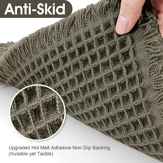 Upgraded Waffle Bath Mat Set 3 Piece Greyish Green, Super Absorbent Non-Slip Quick Dry Bathroom Rugs with Tassels, Machine Washable Ultra Soft Boho Bath Rugs for Floor, Bath Mats Boho Farmhouse Decor