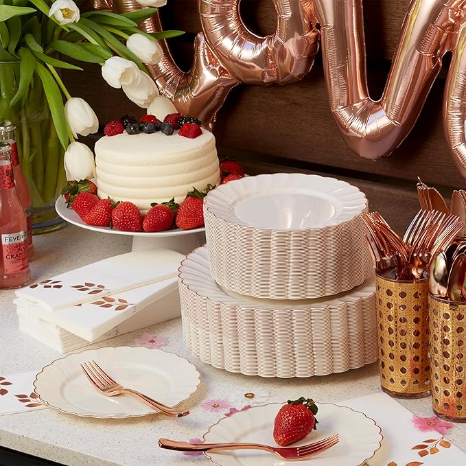 By Madee HEAVYWEIGHT 60 Pc Ivory Scalloped Plastic Plates with Rose Gold Trim | 30 Dinner & 30 Dessert Fancy Disposable Plates | Perfect for Weddings Bridal Showers or Any Special Moments (30 Guests)