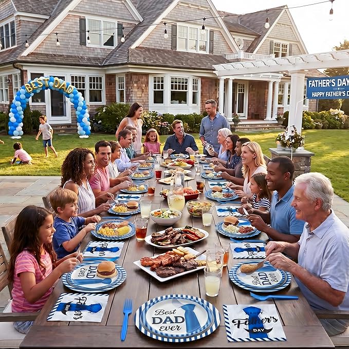 100 Pcs Father's Day Party Supplies for 25 Guests, Heavy-Duty 7" & 9" Paper Plates, 2-Ply 13" Napkins & Plastic Forks, Disposable Tie Theme Tableware Set for Dad BBQ Dinner Party