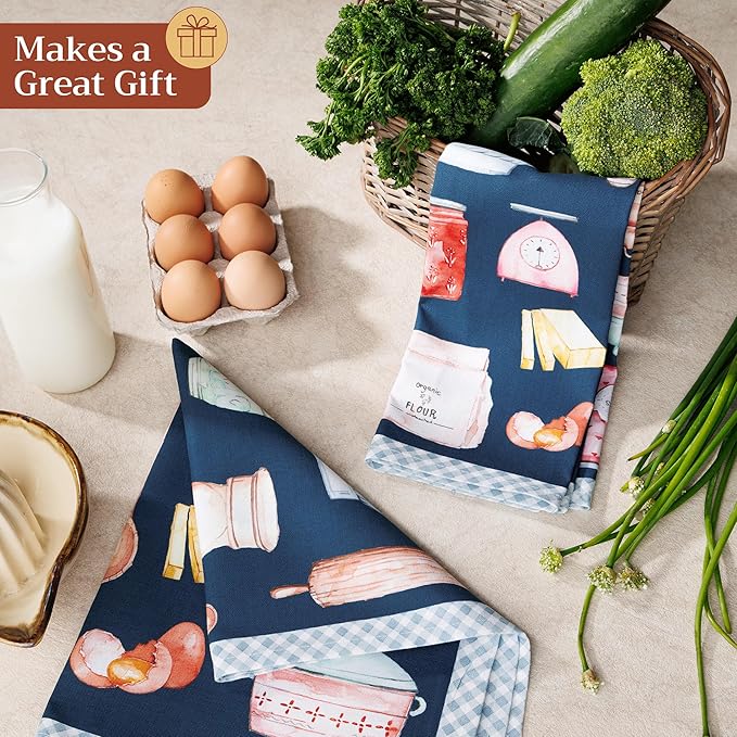 Maison d'Hermine Kitchen Towels Set of 2 100% Cotton 27.50" x 20" Reusable Cloth Tea Dish Towels Absorbent with Hanging Loop for Kitchen, Home, Dining, Cocktail Parties (Let's Bake)