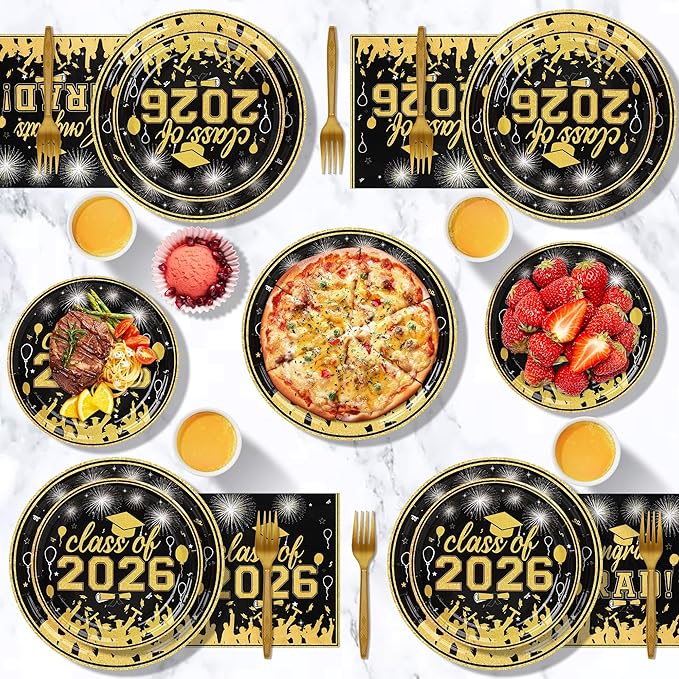 100 Pcs Graduation Plates and Napkins, 2026 Black Gold Graduation Disposable Plates and Napkins Party Supplies Set Serves 25, Black Gold Disposable Dinnerware Set for 2026 Decorations Grad Party