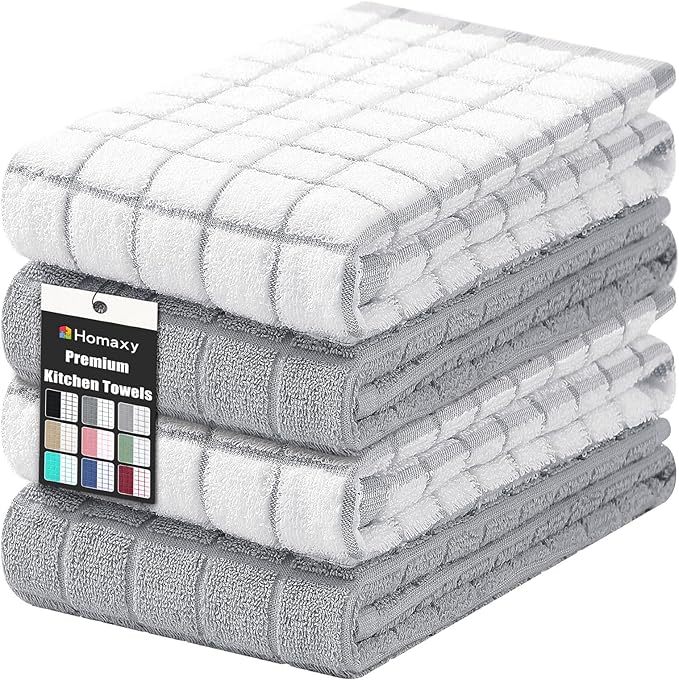 Homaxy Premium Cotton Kitchen Towels 16"x 28", Large Natural Ring Spun 390 GSM Dish Towels, Super Absorbent Terry Kitchen Hand Towels, Soft Tea Towels with Hanging Loop, Light Grey Design, 4 Pack