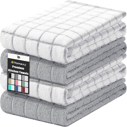 Homaxy Premium Cotton Kitchen Towels 16"x 28", Large Natural Ring Spun 390 GSM Dish Towels, Super Absorbent Terry Kitchen Hand Towels, Soft Tea Towels with Hanging Loop, Light Grey Design, 4 Pack