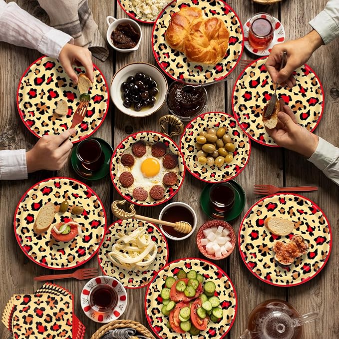 100 Pieces Leopard Print Party Tableware Set – Red Cheetah Animal Print Plates, Napkins and Forks, Disposable Dinnerware for Girls Birthday, Safari and Wild One Party Supplies