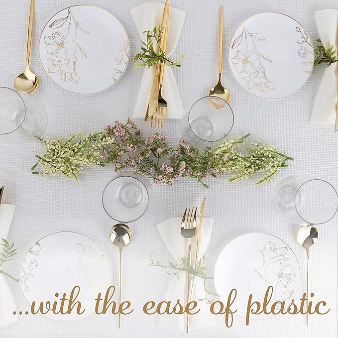 [6'' Plates 40 Count] White Plastic Floral Design Party Plates With Gold Rim Premium heavyweight Elegant Disposable Tableware Dishes