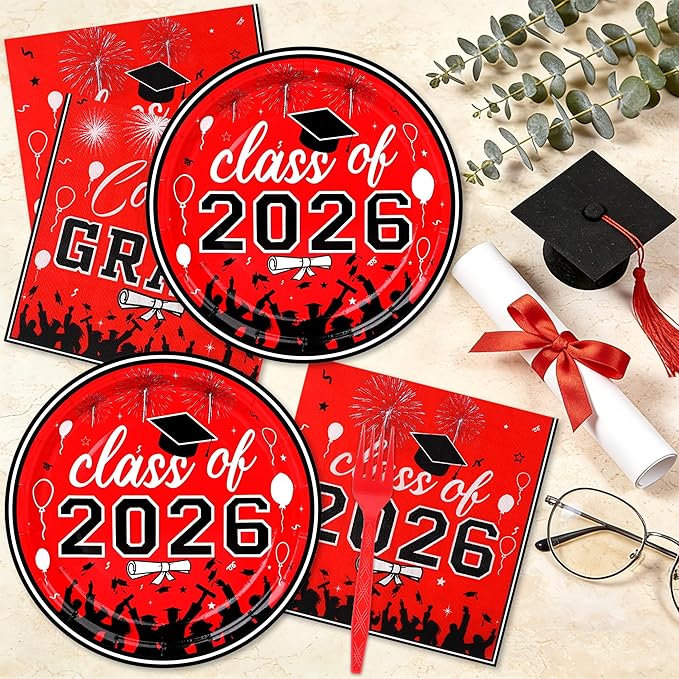 75 Pcs Graduation Plates and Napkins Party Supplies Set,Serves 25 Guests 2026 Red Graduation Plates and Napkins,Disposable Paper Tableware Set for Graduation Party Decorations