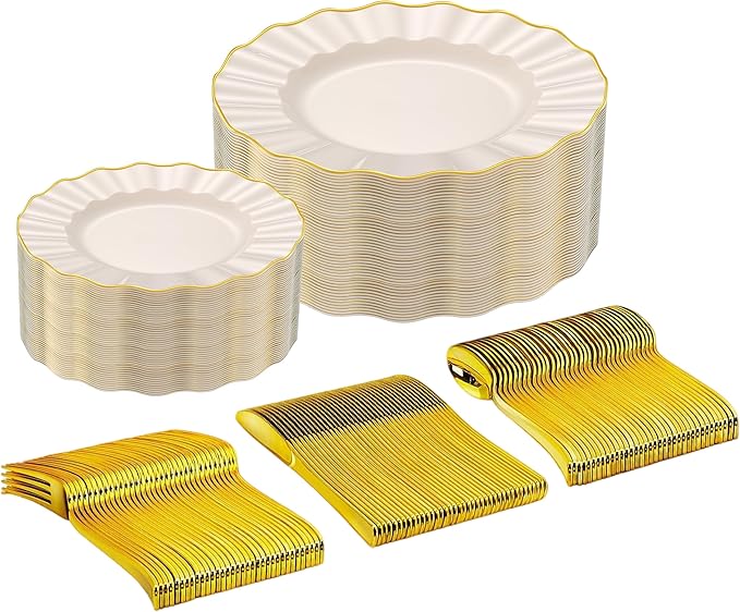 150PCS Ivory Plastic Plates with Gold Rim, Gold Plastic Dinnerware Set for 30 Guests, 30 Dinner and 30 Dessert Plates, 90 Silverware for Wedding Party, Heavy Duty Disposable Party Plate