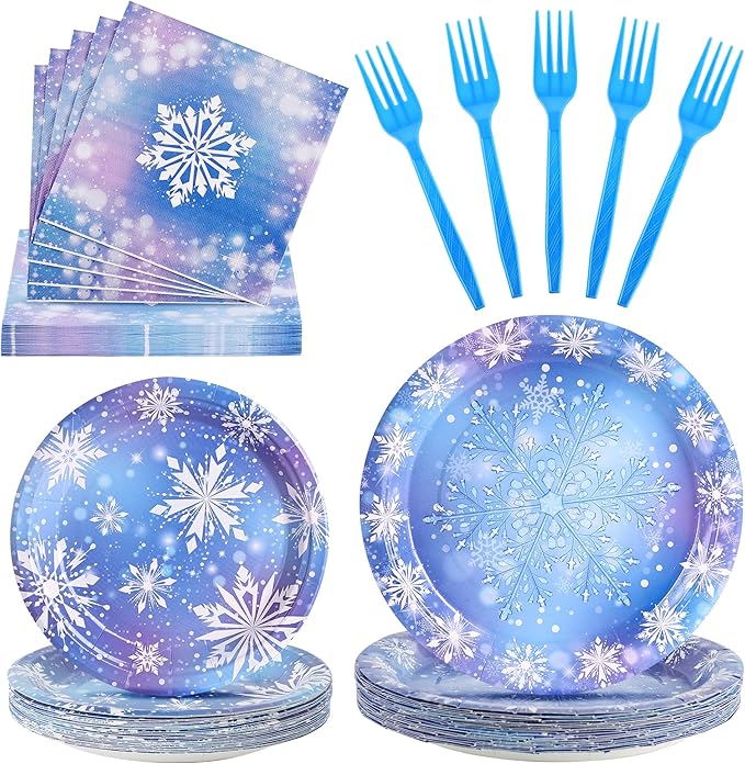 100 Pcs Frozen Party Supplies for 25 Guests, Heavy-Duty 7" & 9" Paper Plates, 2-Ply 13" Napkins & Plastic Forks, Disposable Winter Snowflake Tableware Set for Christmas Holiday Party
