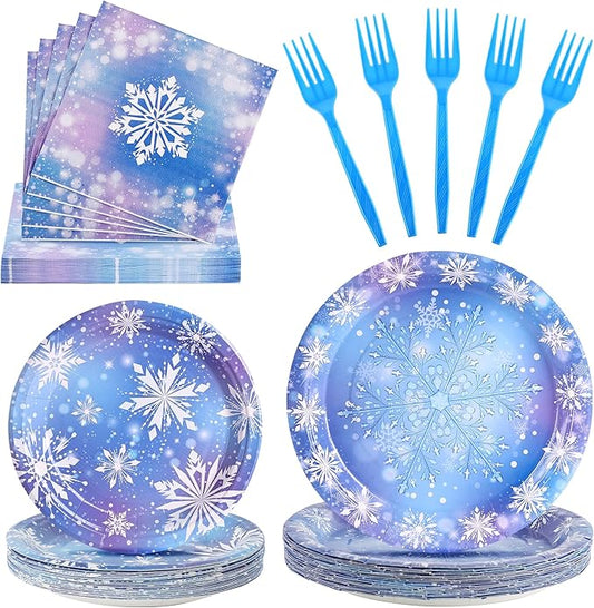 100 Pcs Frozen Party Supplies for 25 Guests, Heavy-Duty 7" & 9" Paper Plates, 2-Ply 13" Napkins & Plastic Forks, Disposable Winter Snowflake Tableware Set for Christmas Holiday Party