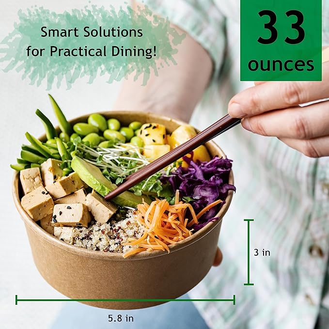 Disposable Bowls with Lid | Meal Prep Paper Bowls | To Go Salad Ramen Food Containers with Lids (33 oz - 50 Sets)