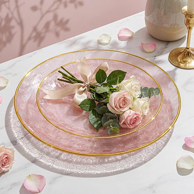 Festiva 60PCS Clear Pink Gold Plastic Plates - Heavy Duty Fancy Disposable Plates With Gold Rim-serve for 30 guests Include 30PCS 10.25" & 30PCS 7.5" Honeycomb Design Plates for Party(Pink)