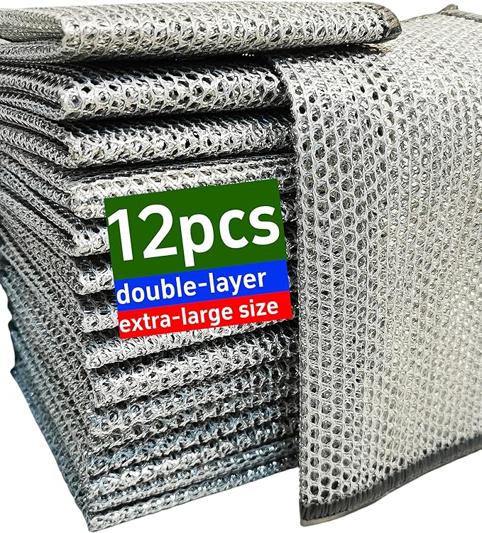 Extra-Large Size 12PCS Multipurpose Wire Dishwashing Rag,Non Scratch Wire Dishcloth, Reusable Steel Wool Scrubber,Non-Scratch&Quick-Drying&Odor-Resistant Multi-Purpose for Kitchen,Bathroom Cleaning