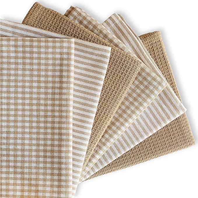 Cotton Dish Towels For Kitchen Drying - Highly Absorbent Beige Striped Gingham Plaid Tea Towels - 18"X28" Set Of 6 Farmhouse Linen Dishtowels In Bulk - Pano De Prato Para Cozinha - T Towles Towls