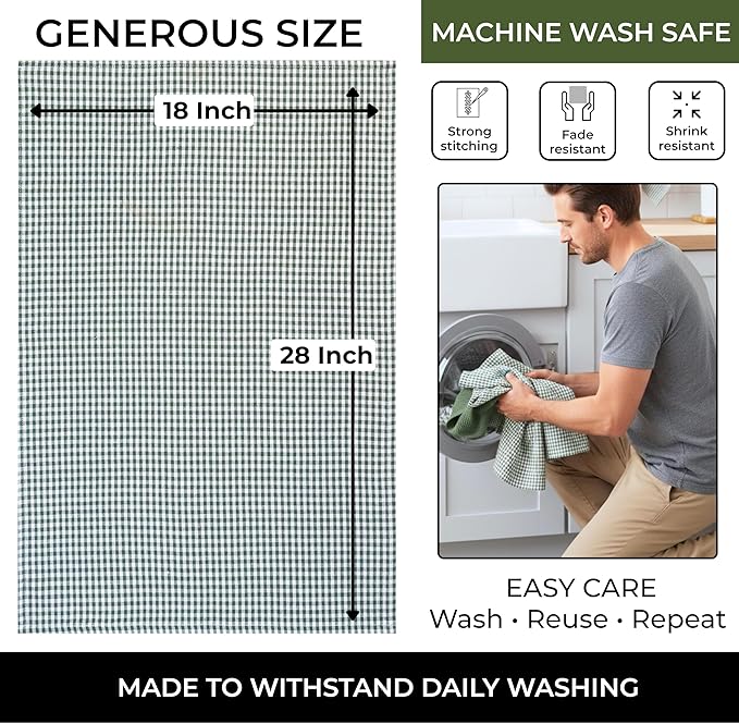 Cotton Dish Towels For Kitchen Drying - Highly Absorbent Sage Green Striped Gingham Plaid Tea Towels - 18"X28" Set Of 6 Farmhouse Linen Dishtowels In Bulk - Pano De Prato Para Cozinha - T Towles Towls