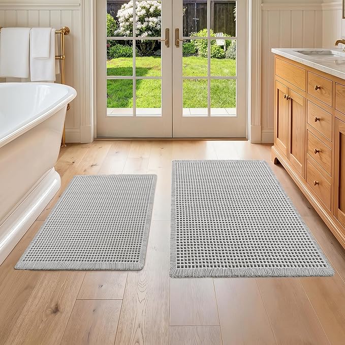 DWCN Set of 2 Waffle Boho Bathroom Mats, Non Slip Bath Rug Set for Bathroom Floor, Super Absorbent Shower Mats for Tub, Washable Kitchen Rugs for Farmhouse Home Decor, 20" x 32" Plus 24" x 48", Grey