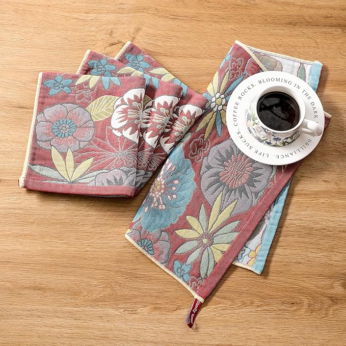 Dish Towels for Kitchen, Jacquard Woven Kitchen Towels Set, Reusable Reusable Cleaning Tea Towels Ultra Absorbent with Hanging Loop,Decorative Retro Hand Towels for Bathroom, Gift for Mom