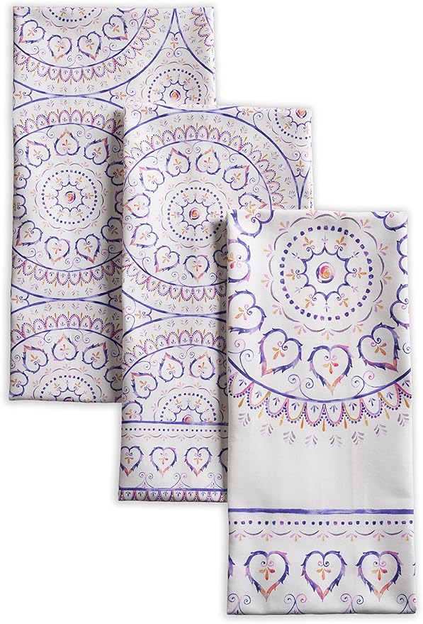 Maison d' Hermine Kitchen Towels Set of 3 100% Cotton 27.50" x 20" Reusable Cloth Tea Dish Towels Absorbent with Hanging Loop for Kitchen Farmhouse Hotel Spring Summer - Mandala