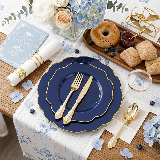 NOCCUR 175PCS Blue Plastic Plates with Disposable Silverware - Include 50 Blue Disposable Plates with Gold Rim,75 Gold Cutlery,25 Cups,25Napkins for Party/Wedding/Graduation/Memorial Day