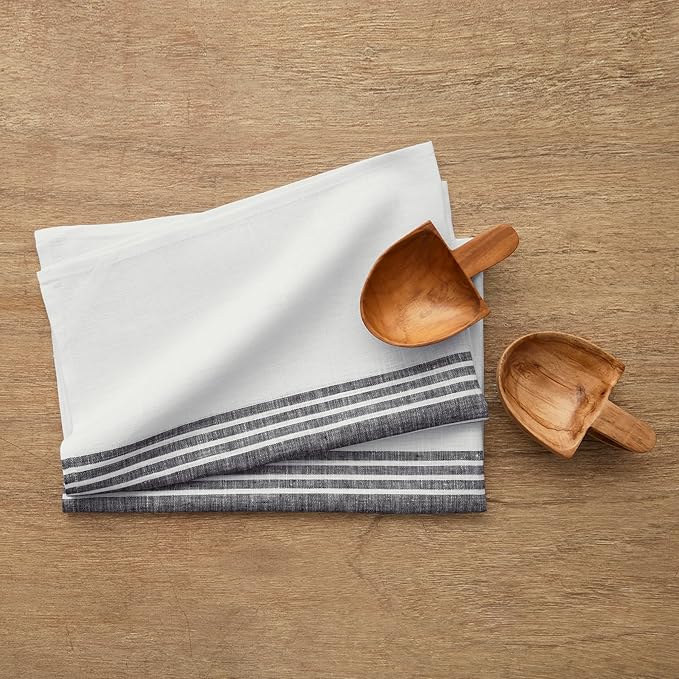 Solino Home Black and White Linen Kitchen Towels Set of 2-100% Pure Linen 17 x 26 Inch Farmhouse Tea Towels with Hanging Loop - European Flax Kitchen Dish Cloth - Quick Dry & Machine Washable
