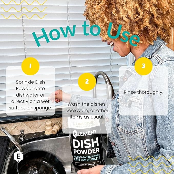 ELEMENT Dish Powder | Grease-Fighting Dish Soap | No Harsh Chemicals, Liquidless, Plastic-Free | Plant-Based Pouch | 16 OZ (Citrus + Vanilla, 16 OZ Refill Pouch)