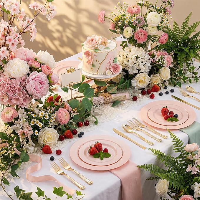 FLOWERCAT 60PCS Pink Plastic Plates - Heavy Duty Pink Plates Disposable for Spring Party&Mother's Day/Wedding - serving 30 guests Include 30PCS 10.25inch & 30PCS 7.5inch