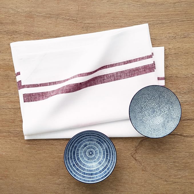 Solino Home Burgundy and White Linen Kitchen Towels Set of 2-100% Pure Linen 17 x 26 Inch French Stripe Tea Towels with Hanging Loop - European Flax Kitchen Dish Cloth- Quick Dry & Machine Washable