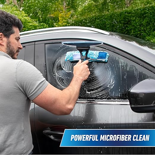 Unger 10" Curved Silicone Auto Squeegee with 3' Telescopic Pole, Flexible Blade for Window Curves, Windshield Cleaner Tool, Non-Scratch Microfiber Sleeve for Streak-Free Results, Machine Washable