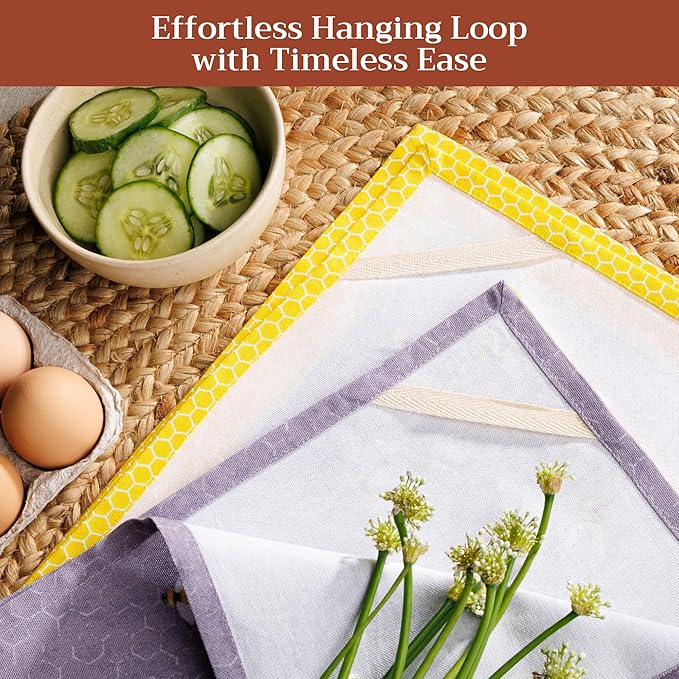 Maison d'Hermine Kitchen Towels Set of 2 100% Cotton 27.50" x 20" Reusable Cloth Tea Dish Towels Absorbent with Hanging Loop for Kitchen, Home, Dining, Cocktail Parties (Bees are Buzzing)