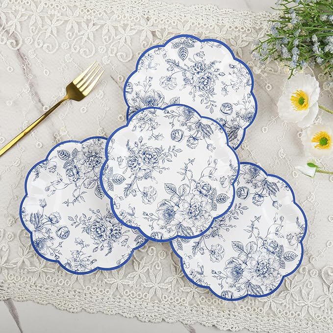 48 Pcs Blue Floral Party Plates Vintage Floral Leaf Disposable Paper Plates Wildflower Blue Toile 7" Scalloped Rim Dessert Plates for Birthday Bridal Garden Tea Party Supplies
