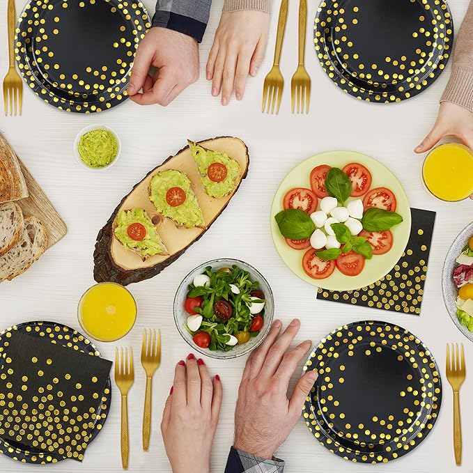 75PCS Black and Gold Paper Plates and Napkins Party Supplies,Serves 25 Guests Black Gold Plates and Napkins,Disposable Paper Tableware Set for Birthday Graduation Retirement Decorations