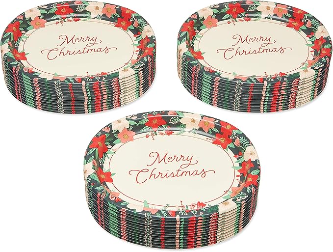 American Greetings 36-Count 12.25 in. Paper Dinner Plates, Winter Floral Christmas Party Supplies